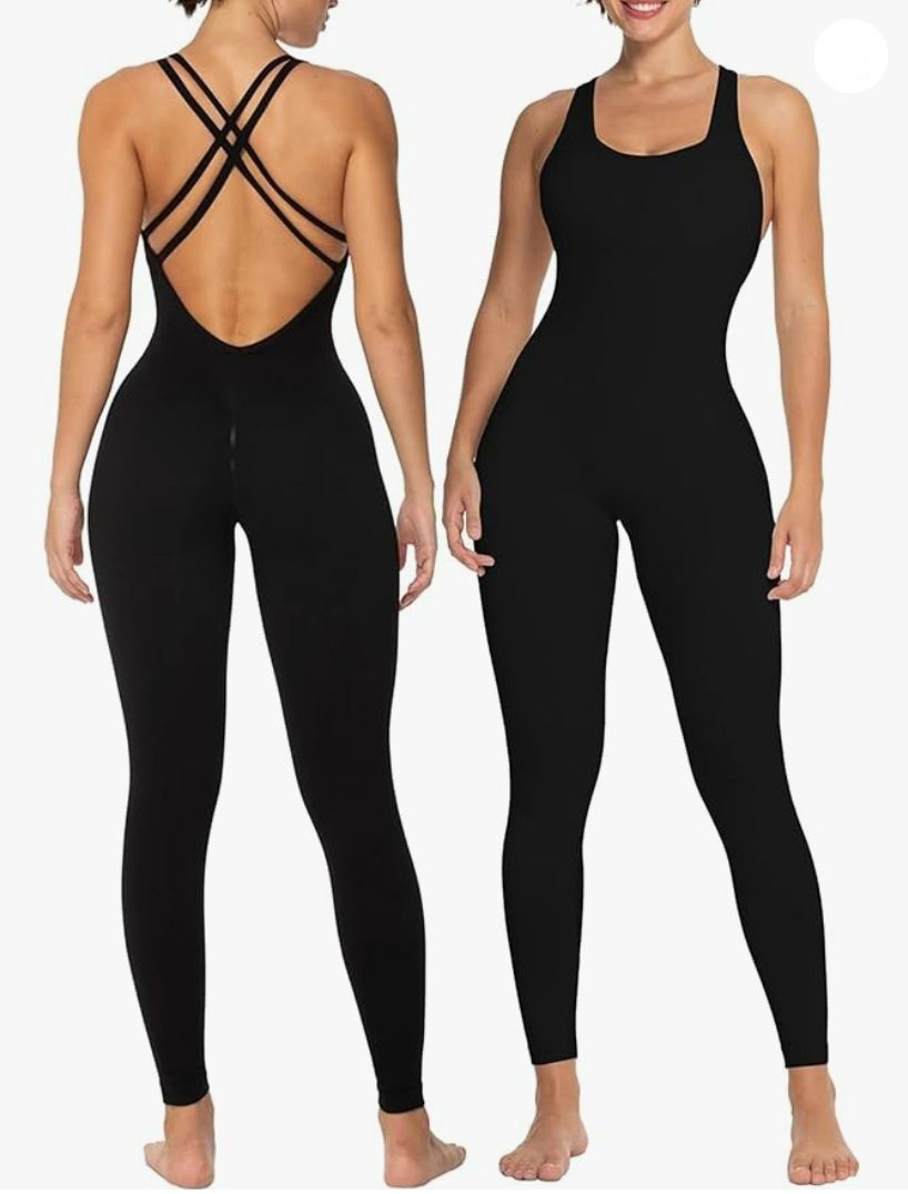 Jumpsuits for Women Backless, Seamless Workout One Piece Bodycon Romper Scoop Neck, Butt Scrunch Leggings Unitard