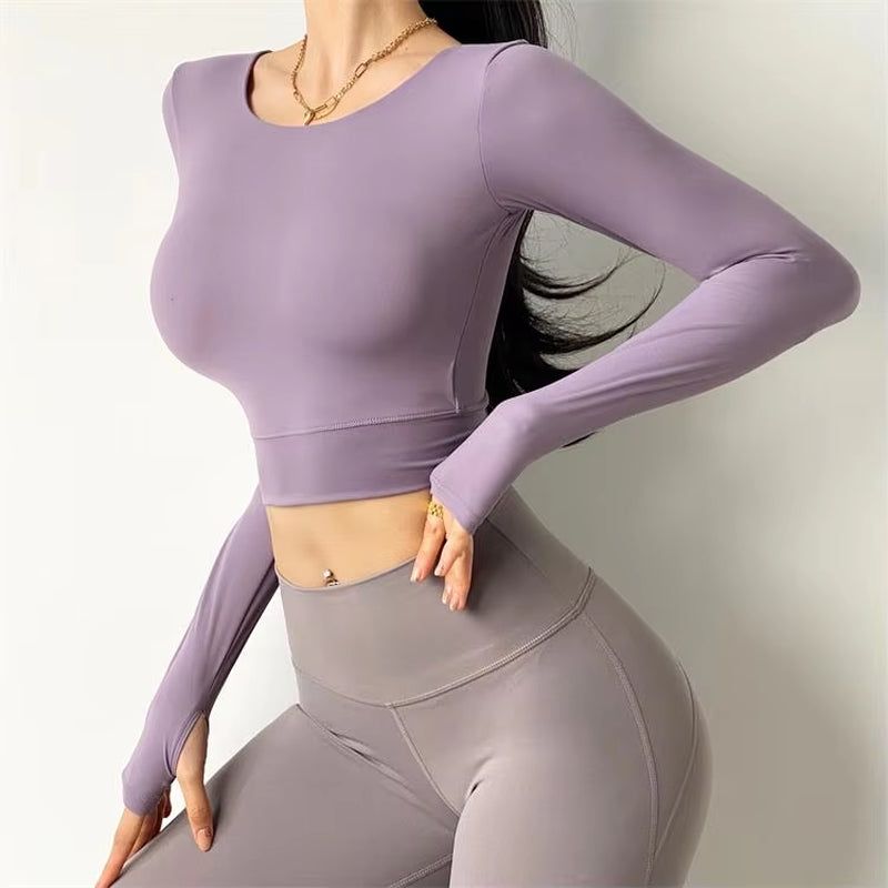 Women Sexy Back Long Sleeve Sport Shirts Fitness Workout T-Shirt High Elastic Gym Yoga Top Running Clothes MITAOGIERL